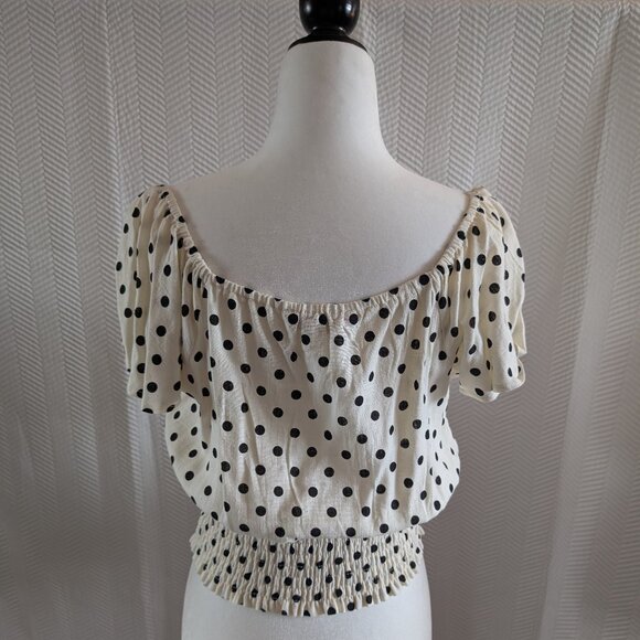 Monteau Los Angeles Polka Dot Linen Blend Top Size Large Smocked waistband - Picture 2 of 11